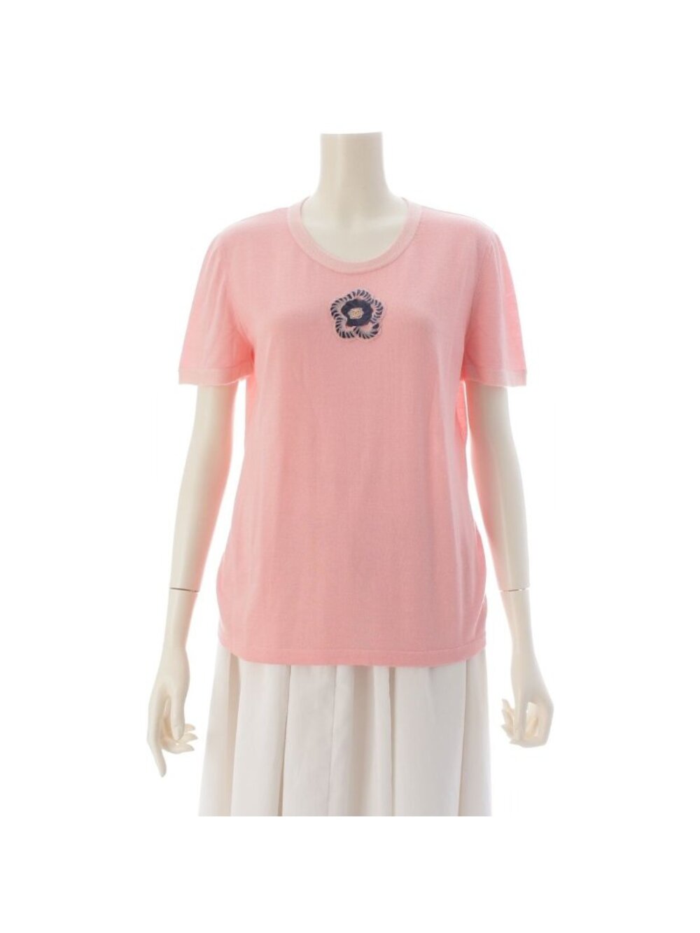 Chanel Cashmere Silk CC Logo Camellia Knit Short Sleeve Top Pink Black 40